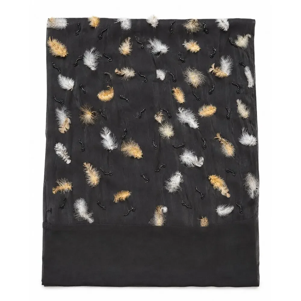 Vintage 1990s Black Silk Jacquard Scarf Beaded Real Feather Evening Wrap 20x84